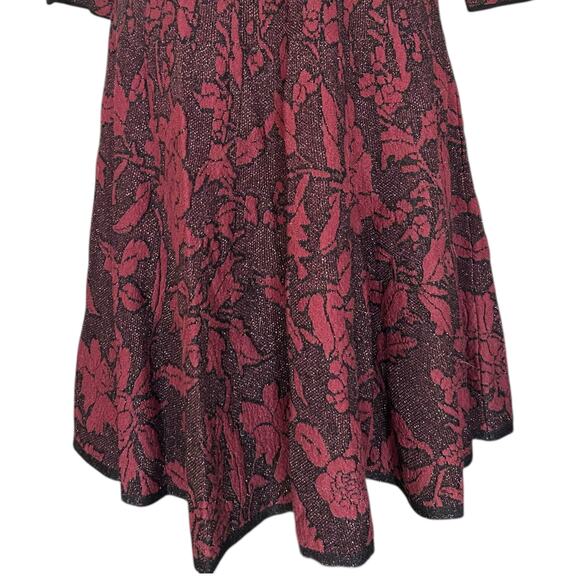 Peruvian Connection Metallic Wine Black floral dress Sz Medium Fit Flare V Neck - Picture 13 of 14